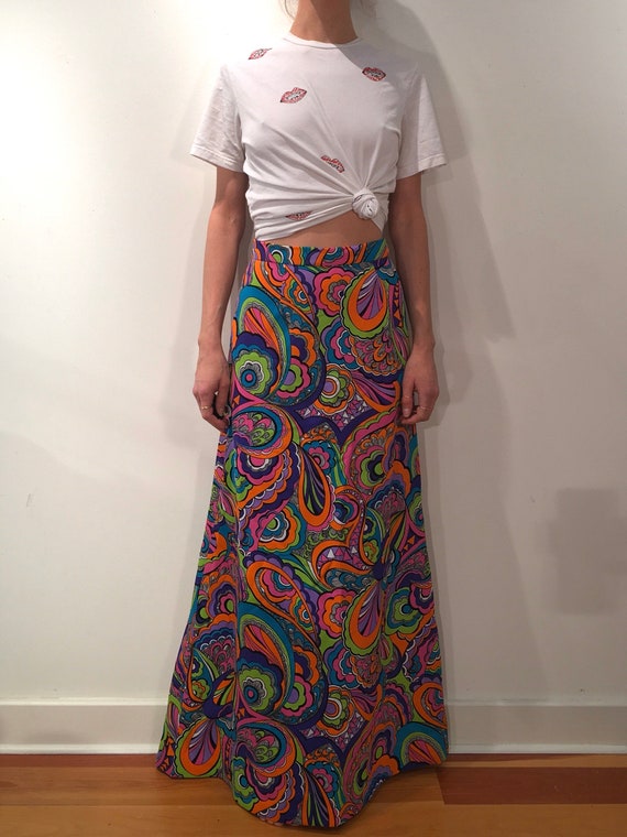 70s Psychedelic Neon Colors Poly Maxi Skirt
