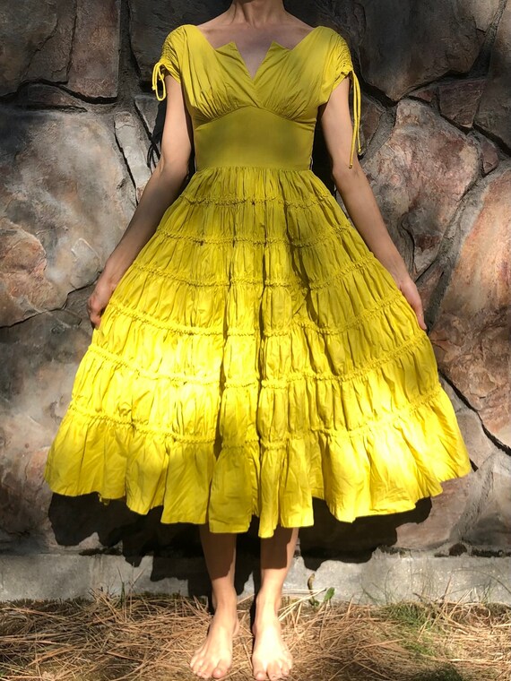 40s Yellow Cotton Fit And Flare Tiered Ruffled Sw… - image 9