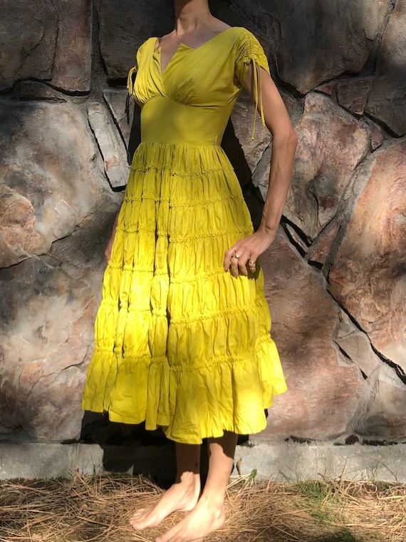 40s Yellow Cotton Fit And Flare Tiered Ruffled Sw… - image 2
