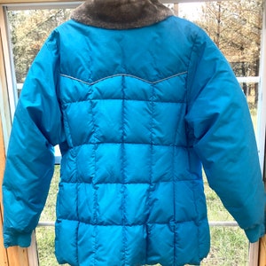 May include: A blue puffer jacket with a faux fur collar. The jacket has a quilted design and a slightly fitted silhouette.