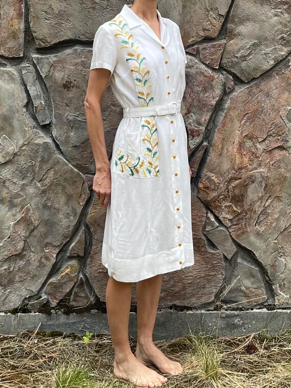 white christmas dresses Peony Printed Hand Embroidered Long Flowy Cotton Dress With Waist Belt XXL
