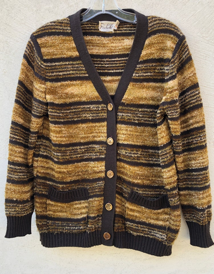 Maglione stile cardigan vintage anni '70//marrone e oro//acrilico//etichetta Rochelle