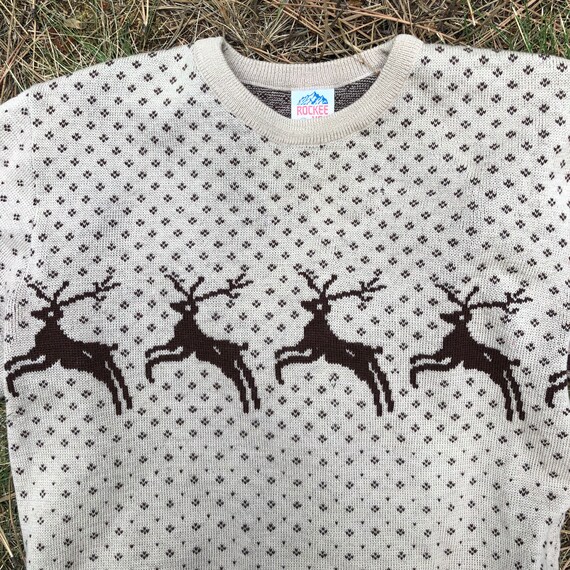 60s Rockee USA Leaping Stags Beige Wool Christmas… - image 7