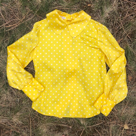 60s Yellow Satin Polka Dot Button Up The Back Pet… - image 5