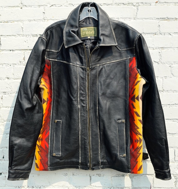 80s Mexican Made Cool Leather Coat With Blanket A… - image 1