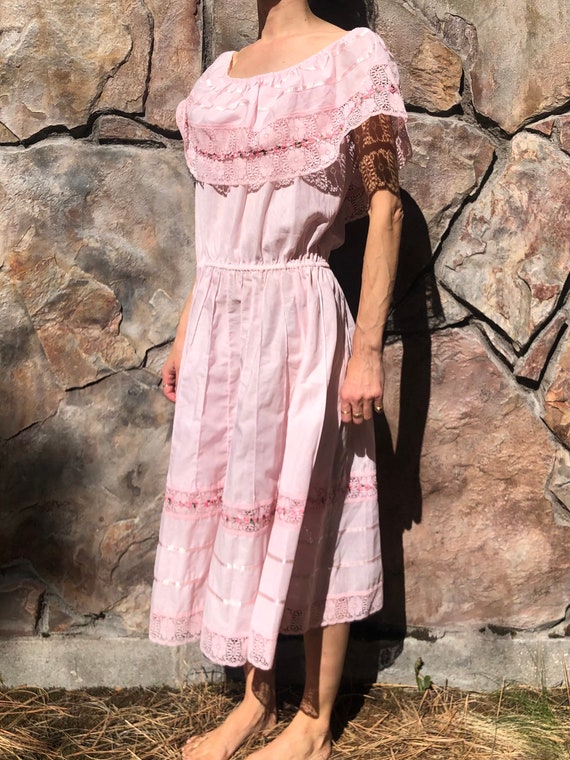 70s Off The Shoulder Ruffled Tiered Pink Prairie … - image 2