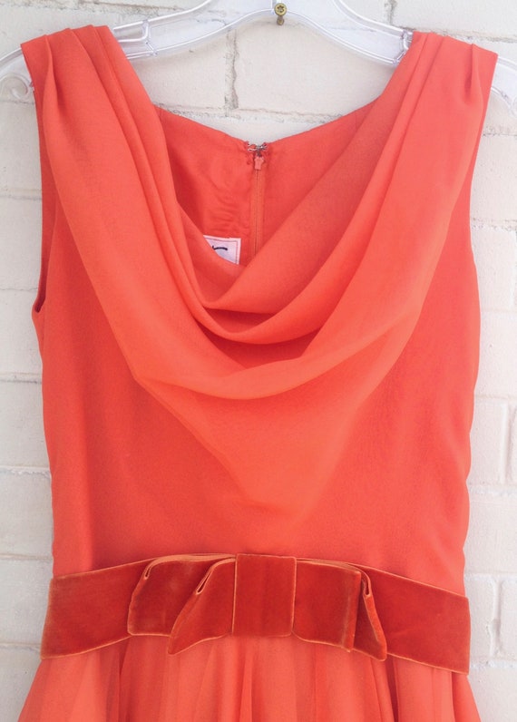 60's Orange Chiffon Dress Miss Elliette Layered F… - image 2