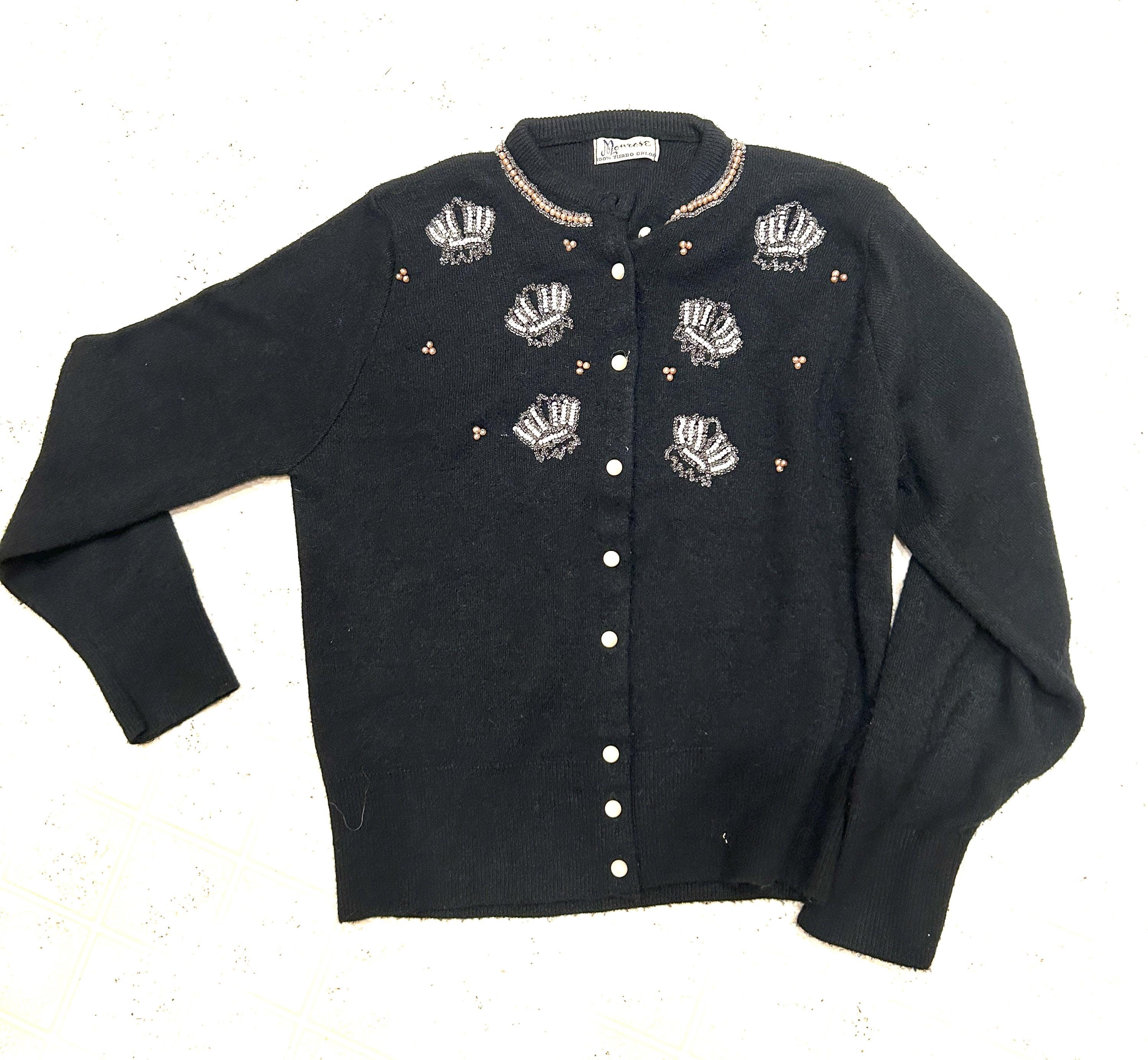 Vintage 1940's Black Beaded Cardigan Sweater//monrose Brand// 100