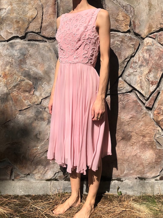 60's Pink Silk Chiffon Party Dress With Beautiful… - image 2