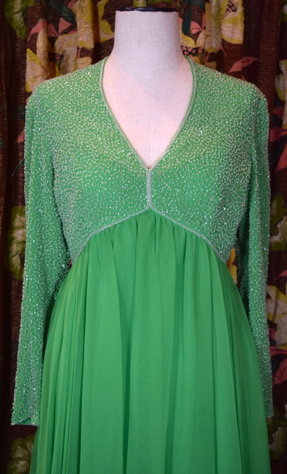 60's Green Chiffon formal Dress with Beaded Bodic… - image 3