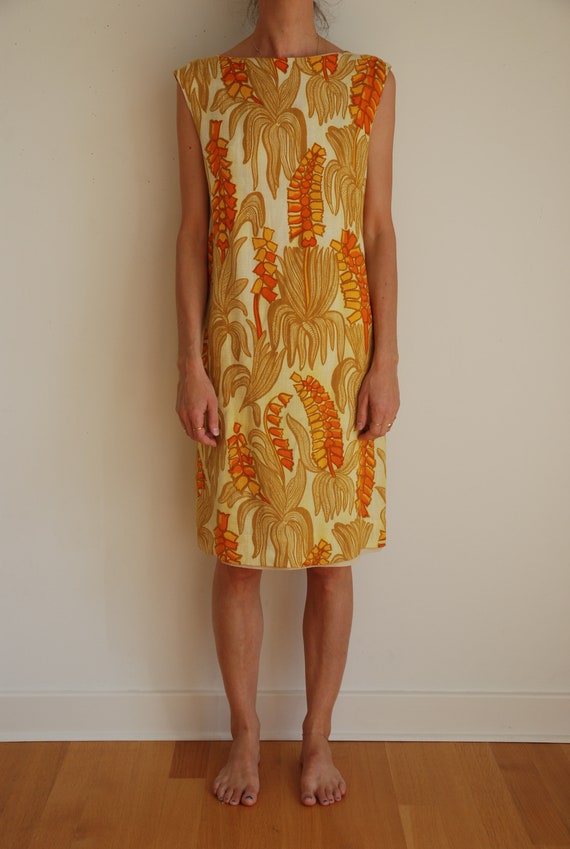 60's cotton abstract floral sheath dress golden or