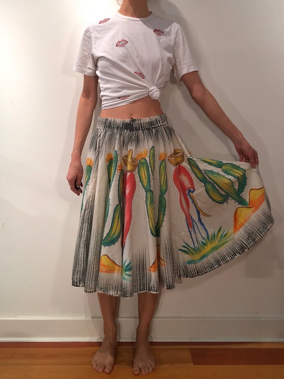 50s Hand Painted Mexican Cotton Circle Skirt Cactu