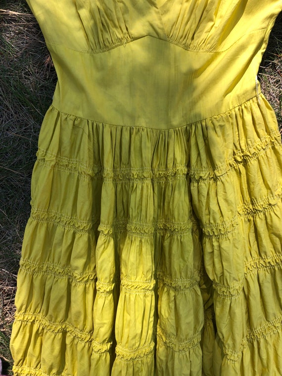 40s Yellow Cotton Fit And Flare Tiered Ruffled Sw… - image 8