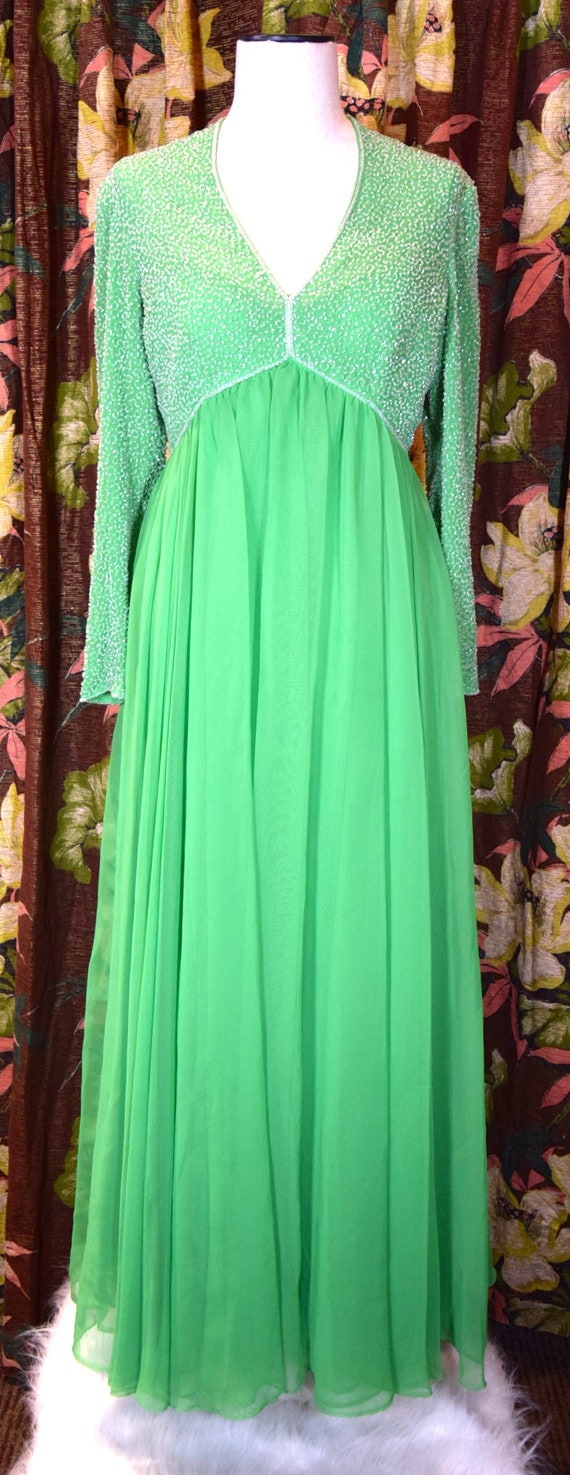 60's Green Chiffon formal Dress with Beaded Bodic… - image 2