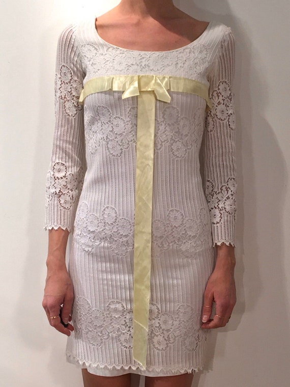 60s White Lace Mini Dress Boho Hippy Wedding XS - image 4