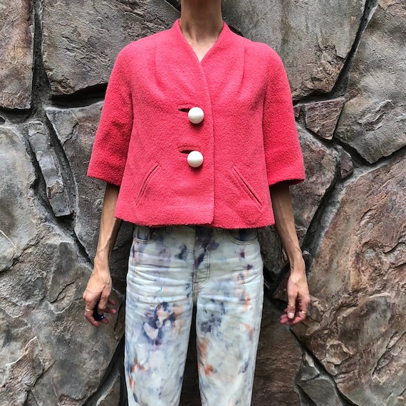 60's Hot Pink Wool Bouclé Cropped Swing Jacket Wi… - image 1