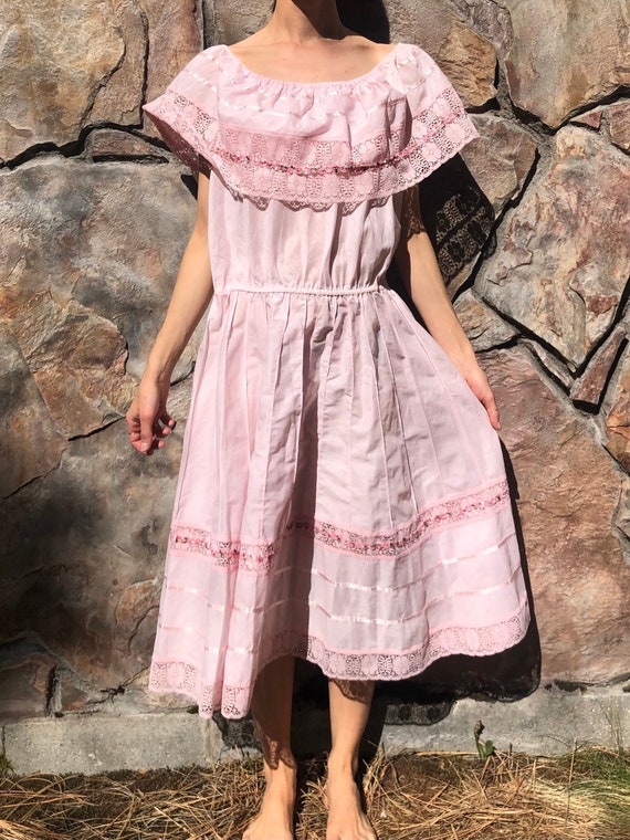 70s Off The Shoulder Ruffled Tiered Pink Prairie … - image 1