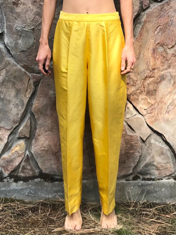 80s Yellow Raw Silk Taffeta High Waist Tailored T… - image 4