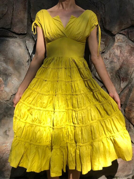 40s Yellow Cotton Fit And Flare Tiered Ruffled Sw… - image 4