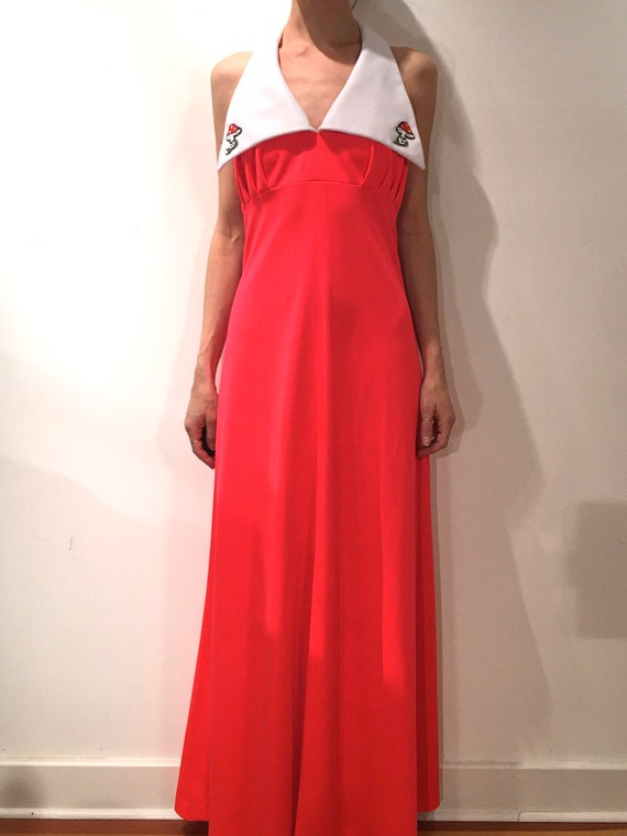 70s Mushroom Halter Maxi Dress Neon Red