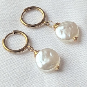 Flat Pearl Gold Huggie Earrings, 18k Plated Stainless Steel, Dainty Coin Stone