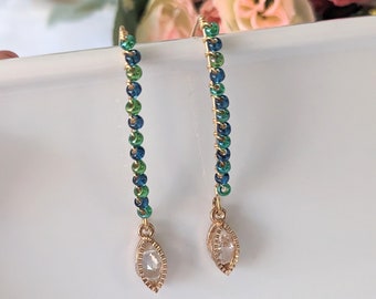 Indigo Green earrings, V shaped earrings, Zirconia Earrings, Multicoloured earrings, Handmade earrings UK, Gold, green blue earrings