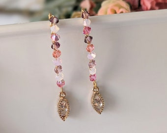 Multicoloured earrings, V shaped earrings, Oval earrings, Zirconia Earrings, Handmade earrings UK, gold gifts UK, rainbow earrings, pink