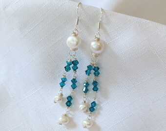 Sterling Silver earrings, Pearl earrings, long earrings, Teal Pearl Bridal Jewellery, S925 earrings UK, Earring gifts, Swarovski