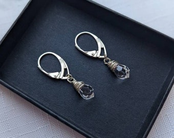 Clear Leverback Earrings, 925 silver earrings, Clear Leverback earrings, small sparkly clear earrings UK, Eco Silver