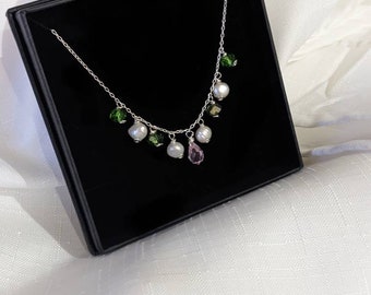 Pink green gem drop necklace,925 Sterling Silver, freshwater pearl necklace,  dainty, minimalist, bridgerton, gift for her, sterling silver,