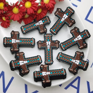 Silicone Bead Jesus Cross Bull Skull Turquoise Focal Bead for Pen Bracelet Necklace Keychain Lanyard, Silicone Bead DIY Charm Finding ZS0576