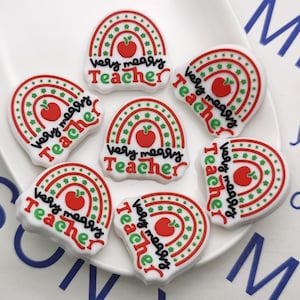 Silicone Bead Very Merry Teacher Focal Bead for Pen Bracelet Necklace Keychain Lanyard, Apple Rainbow Silicone Bead DIY Charm Finding ZS0715