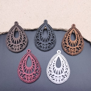 6/20/100 pcs Teardrop Shape Natural Wooden Pendant , Unfinished Wood Cutout Earring Dangle Drop Charm Painted Dyed Stained Filigree , ZW0011