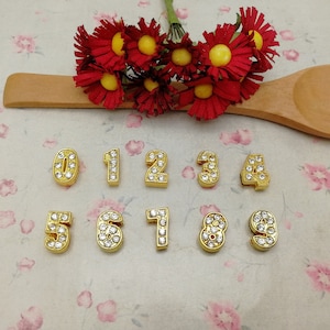 10/100 Pcs Gold Color Imitate Diamond Crystal Rhinestone Slider Uppercase Arabic Numerals Number Bead Charm Handmade Jewelry Finding ZM0660