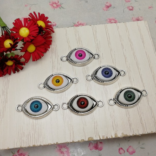 6/20 Pieces Metal eye Pendant Charm Mix Color Plastic eyeball , Antique Silver Color Necklace Earring Keychain Jewelry DIY Finding ZM0323