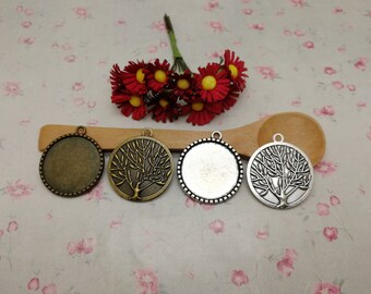 6/20 Pcs 25 MM Width Round Match Metal Cameo Cabochon Base Settings Tray Tree Leaf Pendant Finding Charm Antique Bronze Silver Color ZM0631