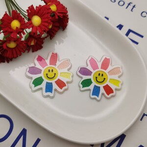 10/50 piece plastic rainbow color flower floral flat back cabochon charm , resin flatback cab decoration jewelry bead pendant finding ZP0781
