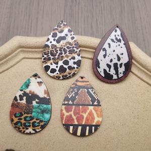 6/20/100 pcs Beast Animal Leopard Print Teardrop Wooden Pendant , Printed Painted Wood Craft Wood Cutout Earring Dangle Drop Charm , ZW0076