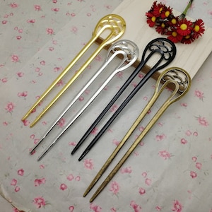 2/10 Pieces Metal U Shape Hair Fork Pin Stick Pick Hairpin Headband , Antique Bronze Silver Gold Black Color Bookmark Finding Charm , ZM0587
