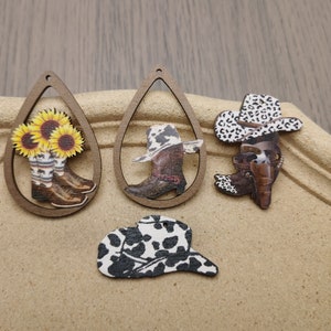 6/20/100 pcs Cowboy Hat Boot Cap Stetson Wooden Pendant , Printed Painted Wood Craft Cutout Teardrop Earring Dangle Drop DIY Charm , ZW0258