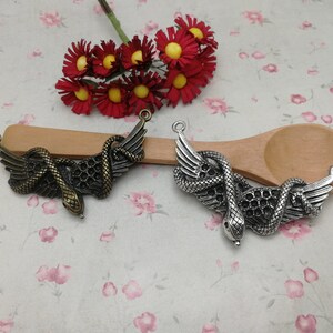 Könnte beinhalten: Zwei silberne und bronzene Schlangenanhänger mit Flügeln. Die Anhänger befinden sich auf Holzlöffeln und sind von roten Blumen umgeben.