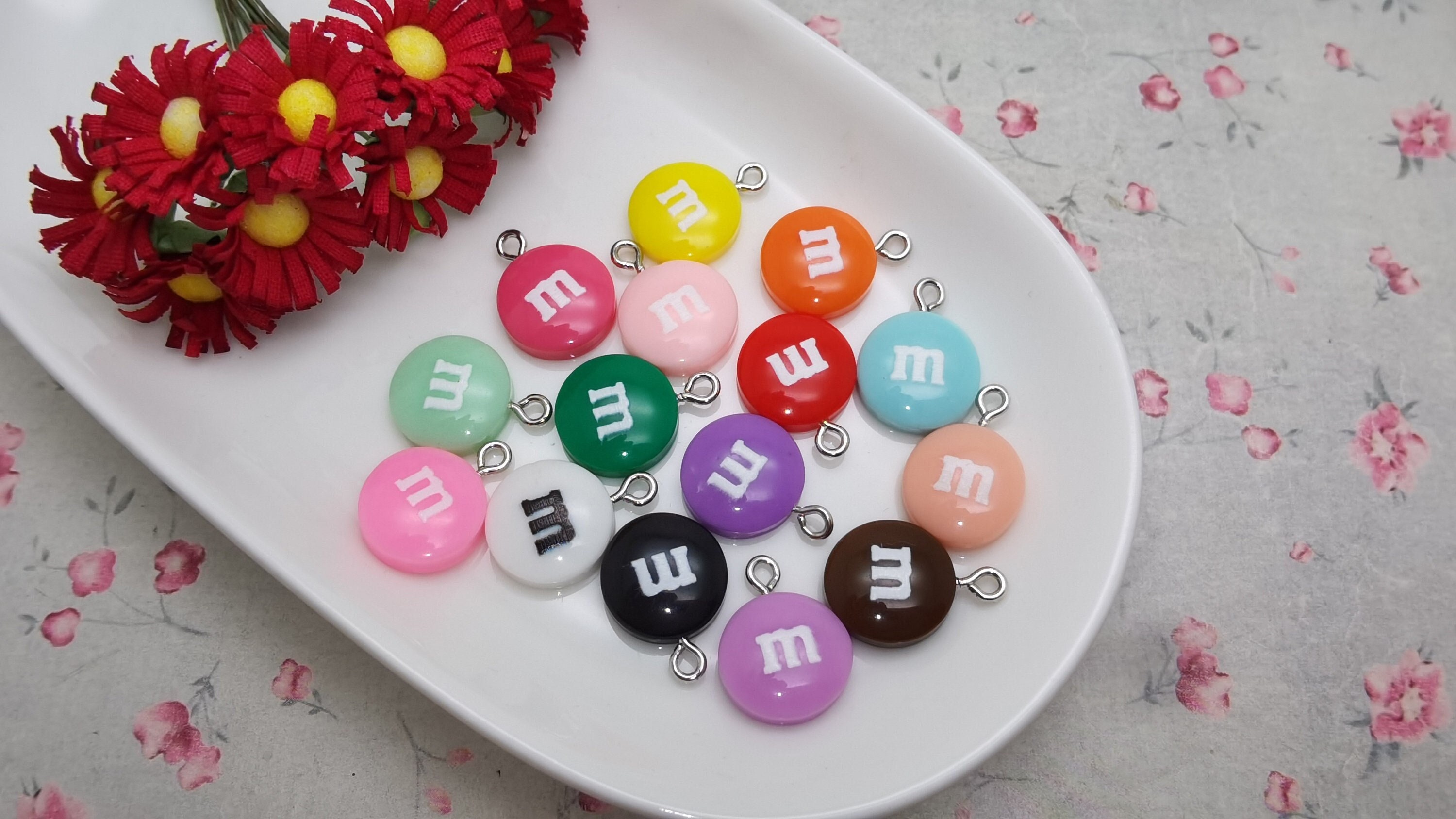 6/20 pieces plastic M&M chocolate candy pendant charm , resin handmade jewelry DIY finding necklace earring drop decoration accessory ZP0727