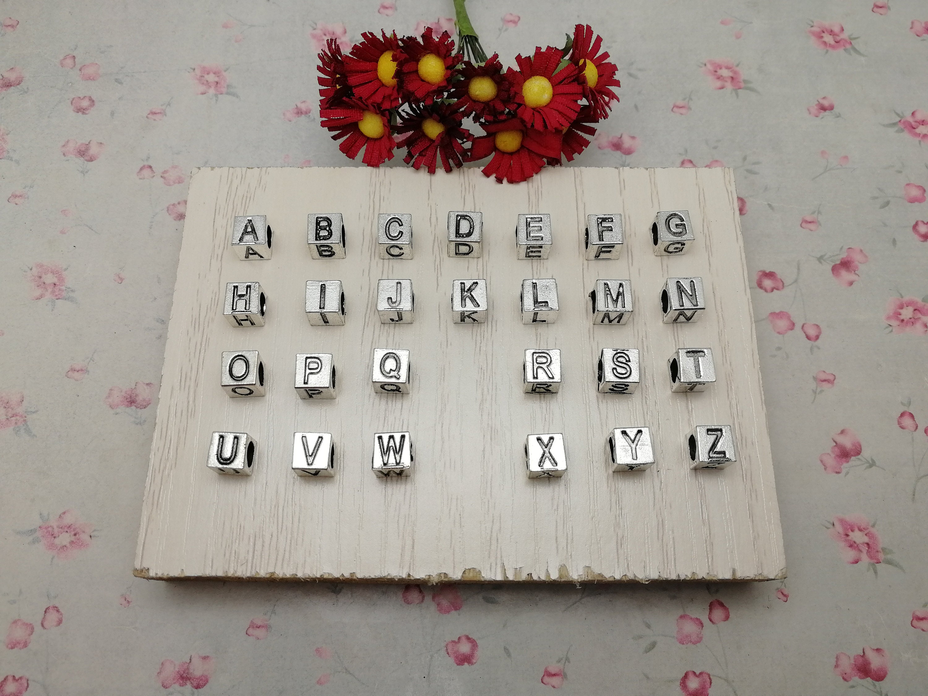 26/100 Pcs 7 MM Width Metal Square Cube Alphabet Letter Bead Charm