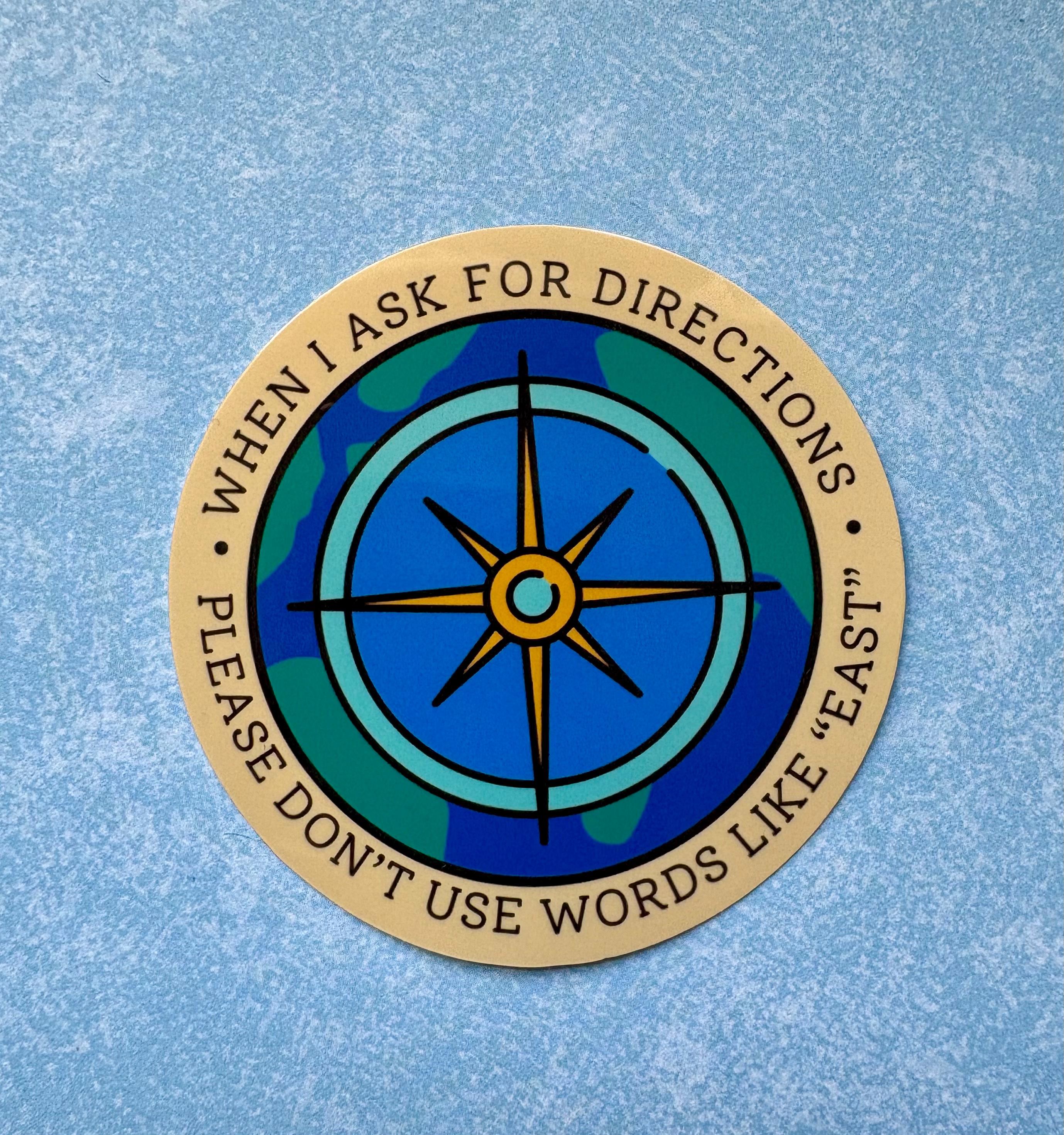 Direction Sticker Compass Funny Directions Sticker, World Compass Vinyl Decal, Travel Humor (2.5 ...