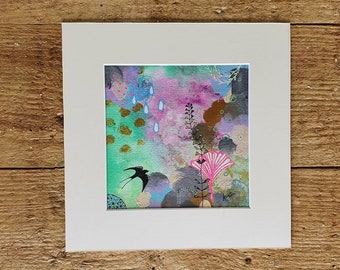 Bird Ginkgo original abstract, Handpainted dreamy air scenery cloudy sky, swallow, leaf, plants, rain water drops, Gift for naturelover