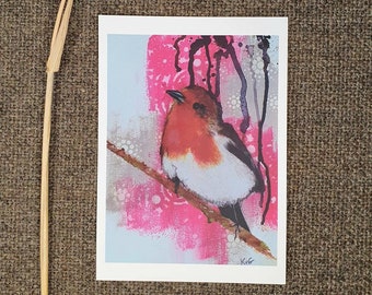 Red robin greeting card with drips & patterns. Artcard of unique bird painting for support, grief or any occasion. Postcard for animal lover