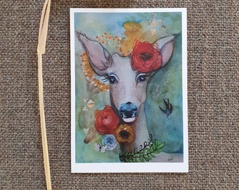 Flower girl deer greeting card. Cute roe deer illustration art postcard for any occasion. For outdoor nature and animal lover or wedding