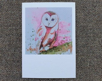 Pink Owl watercolor greeting card, Paint splatters line drawing, Art card on watercolor paper, Card for bird nature lover wisdom graduation