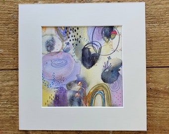 Purple yellow botanical original abstract, Handpainted dreamy watercolor scenery cloudy sky, rain water drops Gift for naturelover mom woman