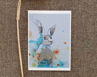 Hare bunny rabbit greeting card. Artcard of unique  painting illustration artwork for any occasion. Postcard for animal & country side lover